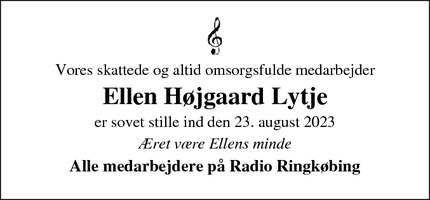 Dødsannoncen for Ellen Højgaard Lytje - Ringkøbing