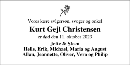 Dødsannoncen for Kurt Gejl Christensen - Hvide Sande