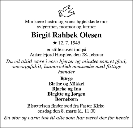 Dødsannoncen for Birgit Rahbek Olesen - Astrup pr. Skjern