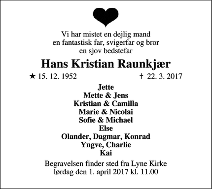 Dødsannoncen for Hans Kristian Raunkjær - Lyne