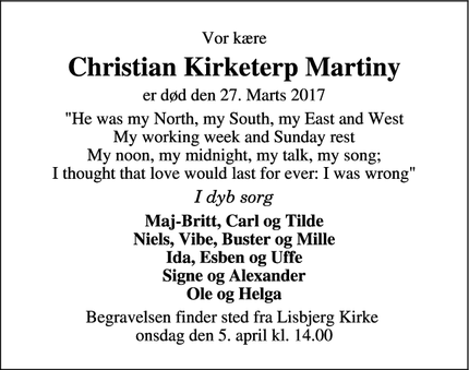 Dødsannoncen for Christian Kirketerp Martiny - Lisbjerg