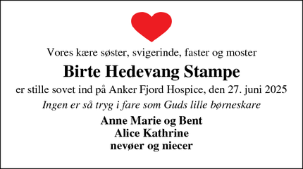 Dødsannoncen for Birte Hedevang Stampe - Ringkøbing