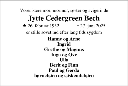 Dødsannoncen for Jytte Cedergreen Bech - Tim