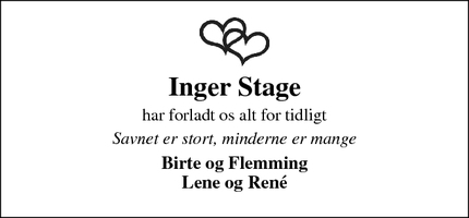 Dødsannoncen for Inger Stage - Nr. Bork 