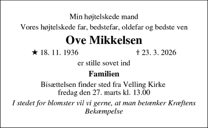 Dødsannoncen for Ove Mikkelsen - Lem