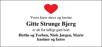 Dødsannoncen for Gitte Strunge Bjerg - Ringkøbing