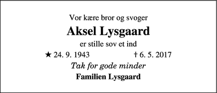 Dødsannoncen for Aksel Lysgaard - 3650 Ølstykke