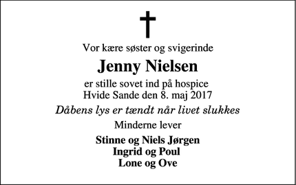 Dødsannoncen for Jenny Nielsen - Hvide Sande