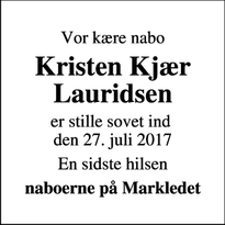 Dødsannoncen for Kristen Kjær Lauridsen - Ringkøbing