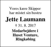 Dødsannoncen for Jette Laumann - Ringkøbing