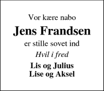 Dødsannoncen for Jens Frandsen - Kloster