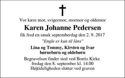 Dødsannoncen for Karen Johanne Pedersen - Borris