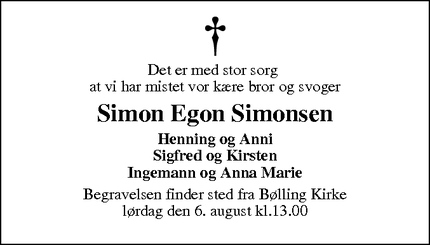 Dødsannoncen for Simon Egon Simonsen - Lem