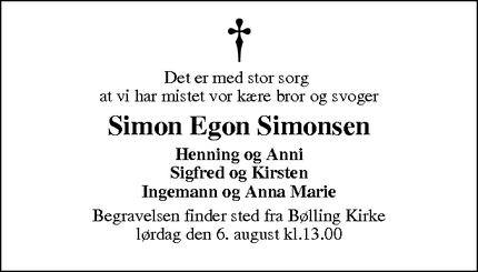 Dødsannoncen for Simon Egon Simonsen - Lem
