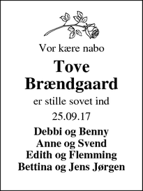 Dødsannoncen for Tove Brændgaard - Lem
