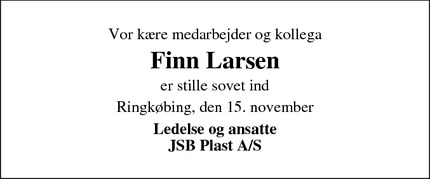 Dødsannoncen for Finn Larsen - Tim