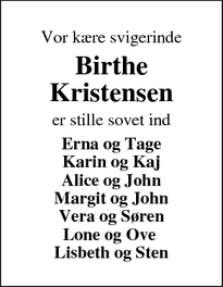 Dødsannoncen for Birthe Kristensen - Spjald