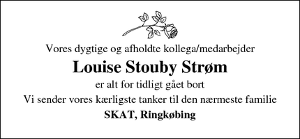 Dødsannoncen for Louise Stouby Strøm - Ringkøbing