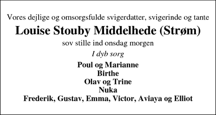 Dødsannoncen for Louise Stouby Middelhede (Strøm) - Ringkøbing