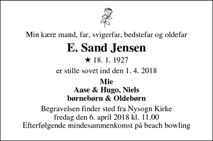 Dødsannoncen for E. Sand Jensen - Kloster, ved Ringkøbing