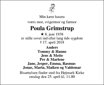 Dødsannoncen for Poula Grimstrup - Højmark