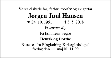 Dødsannoncen for Jørgen Juul Hansen - Ringkøbing