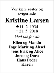 Dødsannoncen for Kristine Larsen - Skjern
