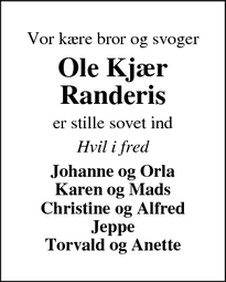 Dødsannoncen for Ole Kjær Randeris - Skjern