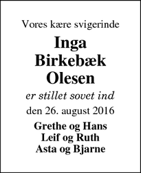 Dødsannoncen for Inga Birkebæk Olesen - Ringkøbing
