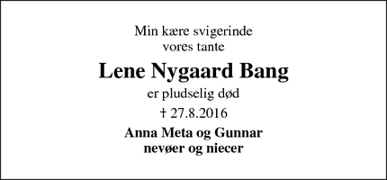 Dødsannoncen for Lene Nygaard Bang - Lem