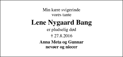Dødsannoncen for Lene Nygaard Bang - Lem