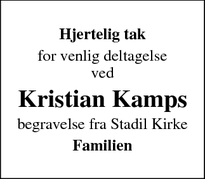 Dødsannoncen for Kristian Kamps - Stadil