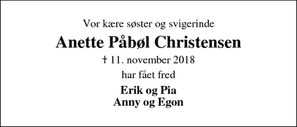 Dødsannoncen for Anette Påbøl Christensen - Varde
