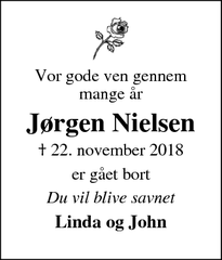 Dødsannoncen for Jørgen Nielsen - Fiskbæk