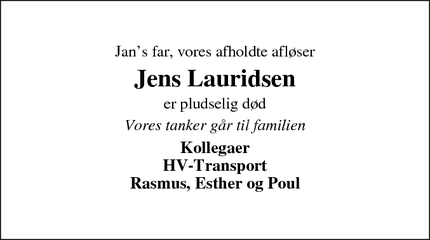 Dødsannoncen for Jens Lauridsen - Kloster