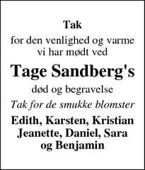 Dødsannoncen for Tage Sandberg's - Ringkøbing