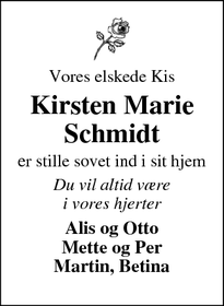 Dødsannoncen for Kirsten Marie Schmidt - Ølstrup