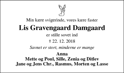 Dødsannoncen for Lis Gravengaard Damgaard - Skjern