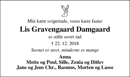 Dødsannoncen for Lis Gravengaard Damgaard - Skjern