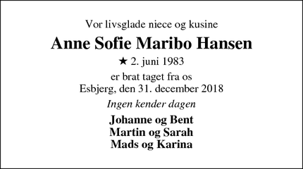 Dødsannoncen for Anne Sofie Maribo Hansen - Esbjerg