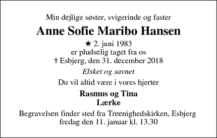 Dødsannoncen for Anne Sofie Maribo Hansen - Esbjerg