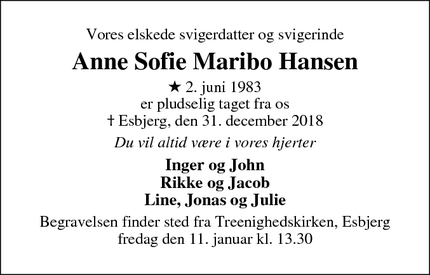 Dødsannoncen for Anne Sofie Maribo Hansen - Esbjerg