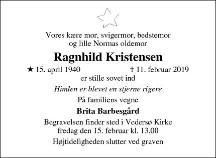 Dødsannoncen for Ragnhild Kristensen - Horsens