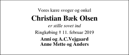 Dødsannoncen for Christian Bæk Olsen - Ringkøbing