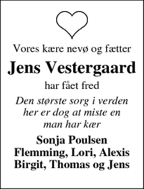Dødsannoncen for Jens Vestergaard  - Frederiksberg