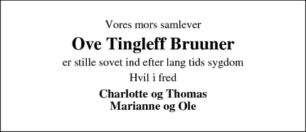 Dødsannoncen for Ove Tingleff Bruuner - Ringkøbing