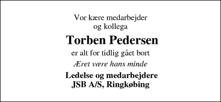 Dødsannoncen for  Torben Pedersen - Ringkøbing