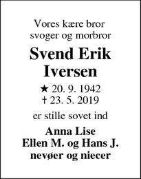 Dødsannoncen for Svend Erik Iversen - Spjald