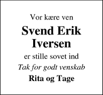 Dødsannoncen for Svend Erik Iversen - Spjald