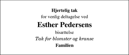 Dødsannoncen for Esther Pedersens - 4180 Sorø